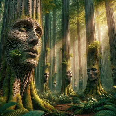 The primary subject of the image is a tree with a face carved into it. The tree is surrounded by other trees, creating a forest-like setting. The visual style of the image is digital art, as it appears to be a computer-generated or digitally manipulated image. The colors and mood of the image are predominantly green, with a sense of mystery and intrigue due to the unique and artistic representation of the face in the tree.